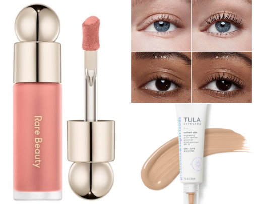 Best makeup for mature skin over 40-foundation, primer, bronzer, blush, mascara cover photo collage
