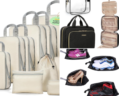 Travel & Luggage Packing Essentials Guide (Amazon Carry-On Upgrades, Packing Cubes & Airport Comfort Edition) cover photo collage