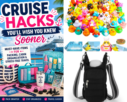 Cruise Hacks & Must-Have Items to Buy Before Your Cruise Trip (Family-Friendly Packing List + Cabin Essentials) cover photo collage