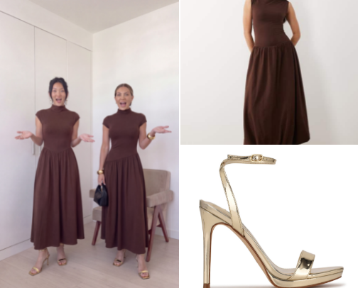 chocolate dress + gold shoes cover photo collage