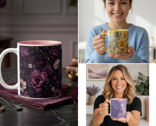 Blooming Brews: Gorgeous Floral Mugs cover photo collage