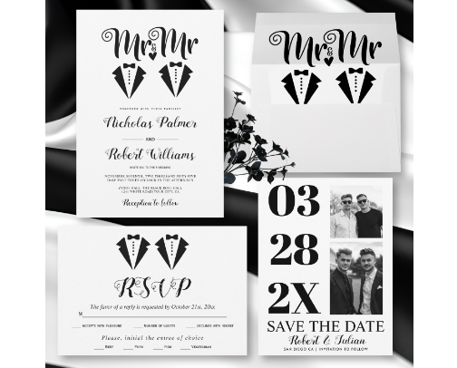 Love in Black & White: Mr & Mr Gay Wedding Invitation Suite cover photo collage