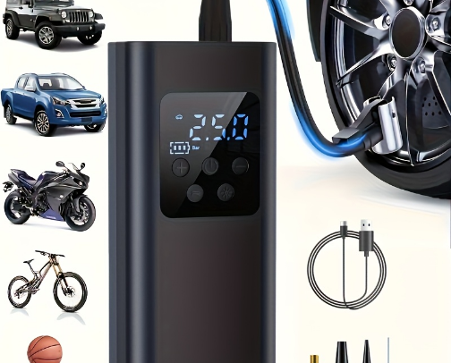 Portable Car Air Compressor for Tire Inflation. The Car Air Pump Is Suitable for Car Tires And Auto Parts. It Comes with a Digital Pressure Gauge And LED Light. It Is a Rechargeable Air Pump, Suitable for Cars, Motorcycles, Bicycles, And Balls cover photo collage