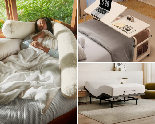 bed and home items cover photo collage