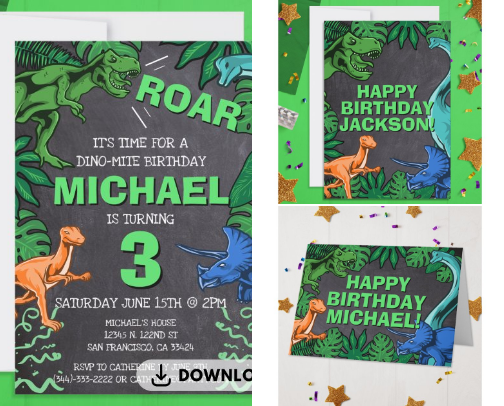 Kids Dino Themed Jurassic Dinosaur Birthday Party and Gift Ideas cover photo collage