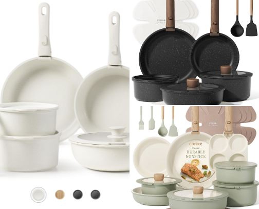 CAROTE Pots and Pans Set Non Stick, Cookware Sets, 11pcs Kitchen Set, Oven/Fridge Safe, Space Saving Pots Set, Nonstick Set with Versatile Removable/Detachable Handle, Induction RV Set, Cream White cover photo collage