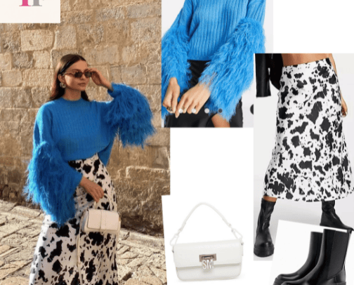 Cow skirt with blue sweater outfit cover photo collage