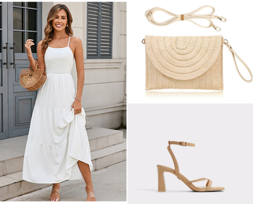 Romantic Night Out – Boho Dress, Straw Clutch, Block Heels & Nest Indigo Perfume cover photo collage