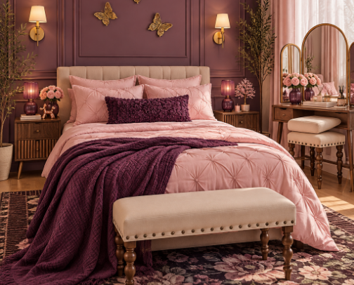Plum & Blush Pink Bedroom Makeover cover photo collage