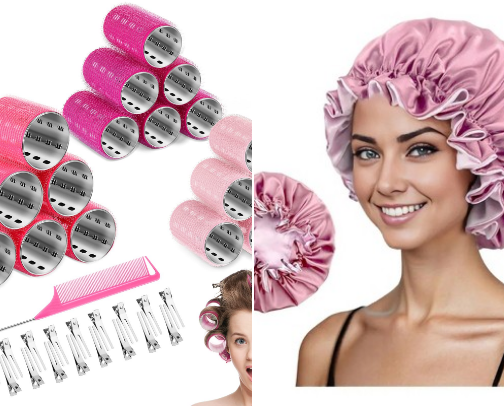 Heatless curling sets and bonnet for hair care cover photo collage