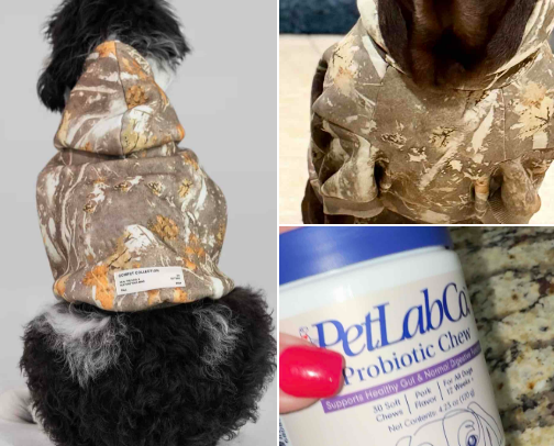 Dog things we use- dog hoodies, supplements & such cover photo collage