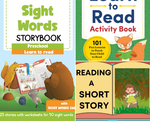 Free PDF - Early literacy picks with Learn to Read: Sight Words Storybook: 25 Simple Stories & Activities for Beginner Readers cover photo collage