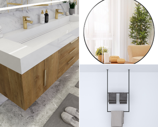 Modern bathroom remodel (our first home project) cover photo collage