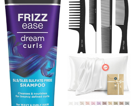 hair products/tools for dry, curly hair that is prone to frizz. cover photo collage