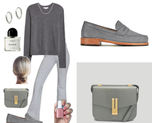 Quiet Luxury Grey Flare Leggings Outfit | Clean Girl True Summer Capsule Look cover photo collage