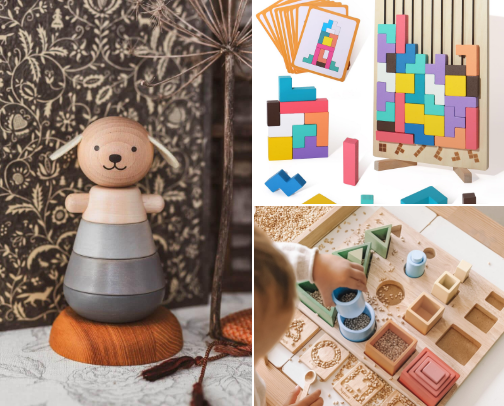 Wooden toys and puzzles for kids cover photo collage
