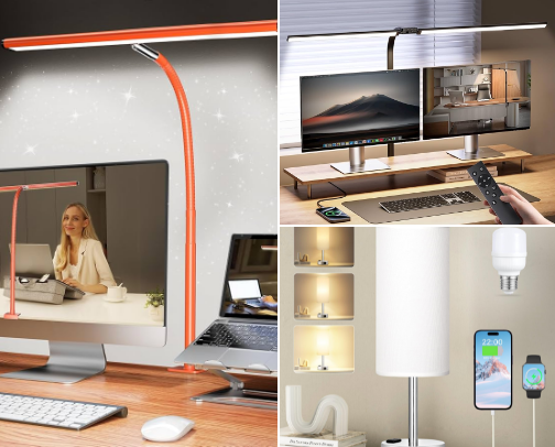 Minimalist desk lamp with USB port & touch control cover photo collage