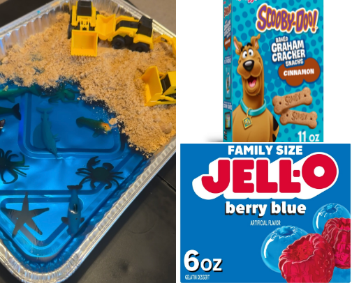 DIY Edible Beach Activity for Toddlers | Jell-O Ocean & Graham Cracker Sand cover photo collage