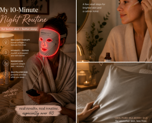 My 10-Minute Night Routine for Better Sleep + Glowing Skin (Over 40)” cover photo collage
