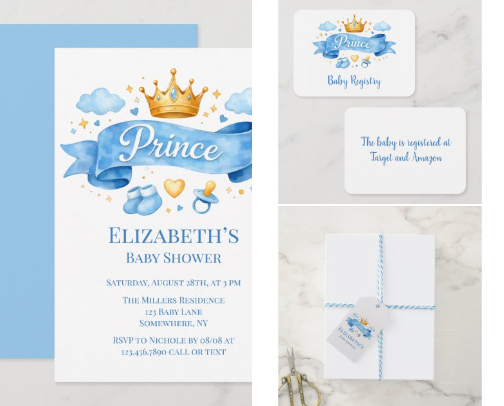 Watercolor Prince Boy Baby Shower cover photo collage