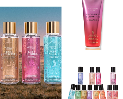 All Victoria secret brand
Perfume
Lotion
Beauty products 
Bikini cover photo collage