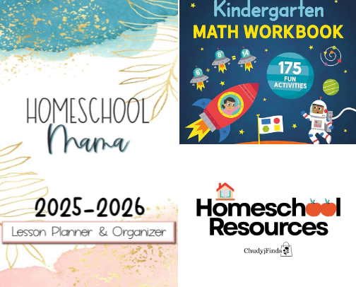 Homeschool resources (printables, workbooks, posters) cover photo collage