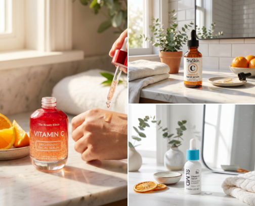 Vitamin C Serums That Actually Work — Brightening Serums, Dark Spot Correctors, Anti-Aging Face Serums & Glow-Boosting Skincare on Amazon cover photo collage