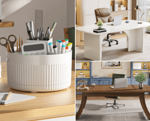 Home office decor and supplies cover photo collage