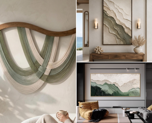 Earth-toned wall decor that gives the home an aesthetic look. cover photo collage