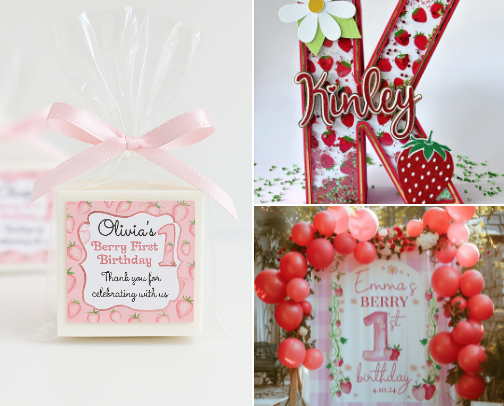 Baby girl strawberry-themed items for your berry sweet one's first birthday party. 🎈 cover photo collage
