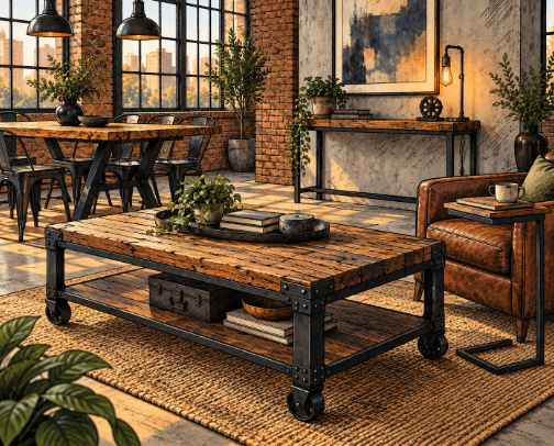 Industrial Table Ideas: Raw Wood, Steel & Factory-Inspired Designs cover photo collage