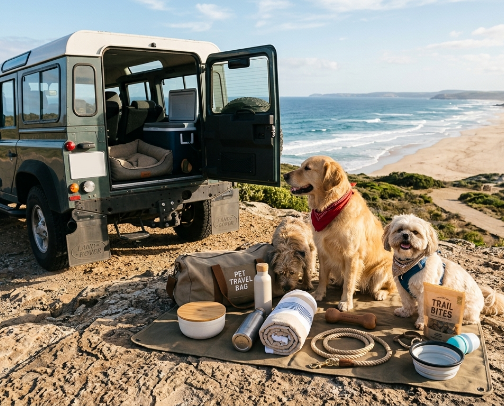 Pet-Friendly Road Trip & Beach Getaway Essentials That Make Traveling Easy cover photo collage