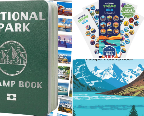 Read Online - Family-friendly National Parks Stamp Book with Sticker Set: Passport-Sized National Park Book with Passport Stickers, Travel Planner, Map, and Parks Checklist Tracker cover photo collage