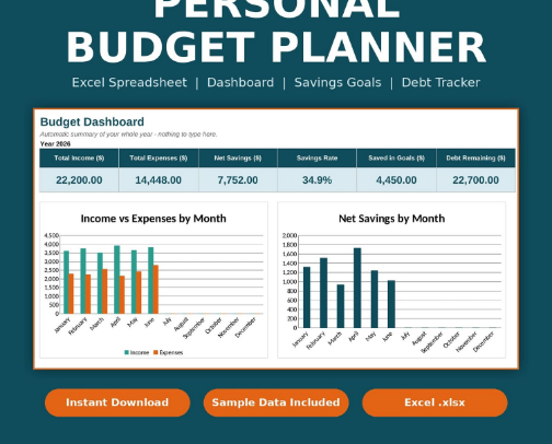 Personal Budget Planner Spreadsheet | Excel Budget Tracker with Dashboard, Savings Goals & Debt Tracker cover photo collage