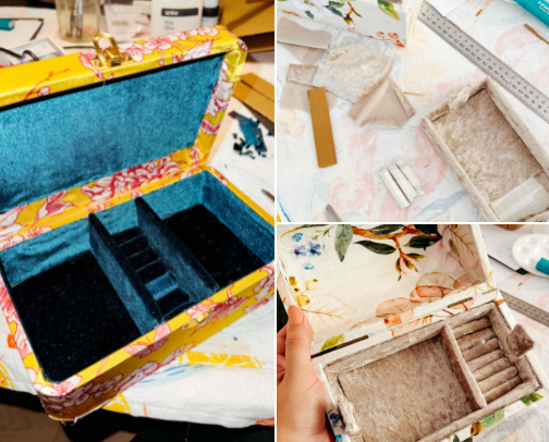 How to upcycle a wooden jewellery box with fabric | 💍 DIY Custom Jewellery Box cover photo collage