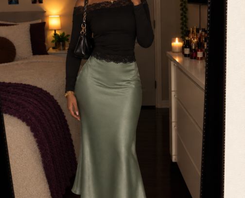 Elegant Black Lace Top & Sage Green Satin Skirt Outfit | Chic Feminine Style cover photo collage