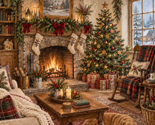 Cozy Cottage Christmas Holiday Décor cover photo collage