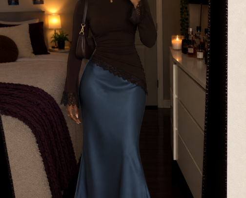 Elegant Fall Outfit Idea 🤎 Chocolate Brown Top & Satin Blue Skirt cover photo collage