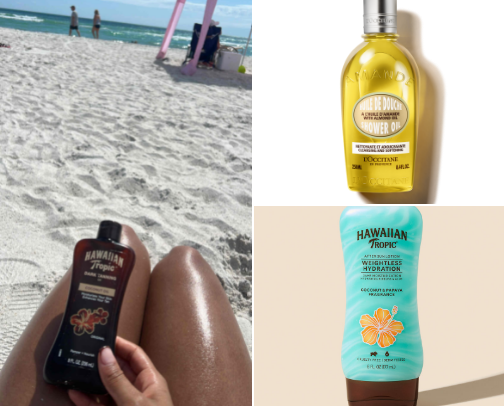 What I use to maintain my bronzed summer glow 🤎☀️ cover photo collage