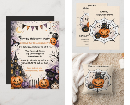 Spooky Halloween Party Invites and party supplies cover photo collage