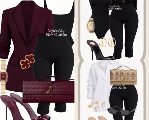 3 Chic Black, White & Burgundy Outfit Ideas | Elegant Women's Fashion Inspiration & Timeless Accessories cover photo collage
