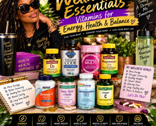 Wellness Essentials Vitamins for Energy, Health & Balance cover photo collage