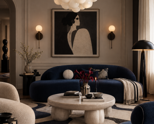 Navy Living Room Decor Ideas | Bubble Chandelier & Curved Sofa Shopping List cover photo collage