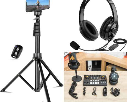macam-macam peralatan untuk youtube, headphone, tripod, etc. cover photo collage
