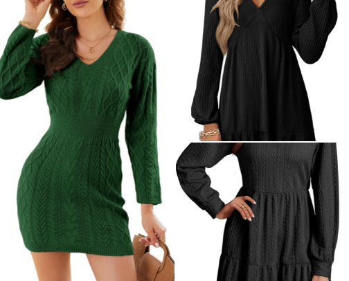 Dokotoo Work Dresses for Women, Trendy Fall Dresses V Neck Knit A Line Long Sleeve Dress Sweater Dress cover photo collage