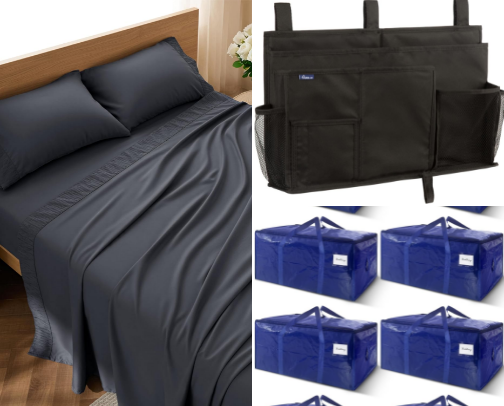🛏️ Bedding/🗄️ Organization/💻 Study Essentials/🔌 Electronics/🌬️ Comfort/🚿 Bathroom/🧹 Cleaning/🍜 Kitchen cover photo collage