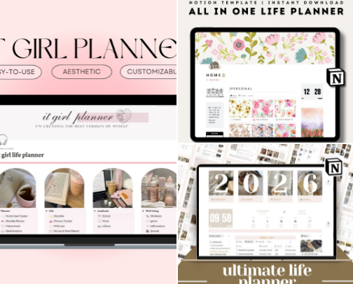 Sleek & Aesthetic Notion Template Planners from Etsy ✶⋆.˚ cover photo collage