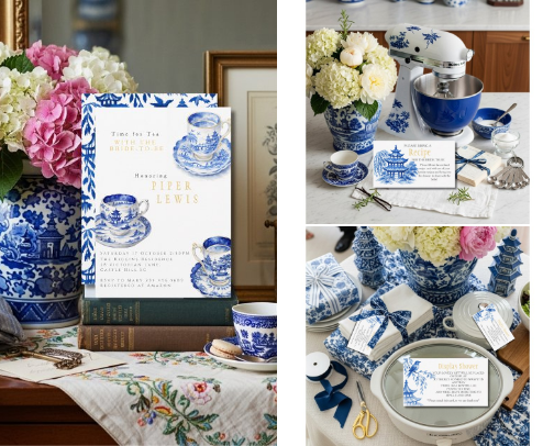 Blue Chinoiserie Time for Tea Bridal Shower cover photo collage