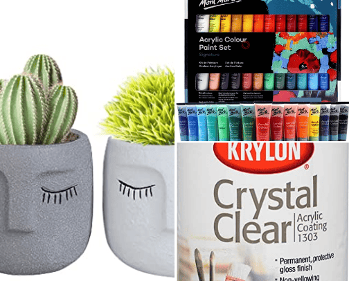 Materials for my Hand-Painted Plant Pot Tutorials cover photo collage