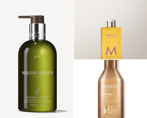 luxurious shower products - you’ll feel like you just left the salon & spa! cover photo collage